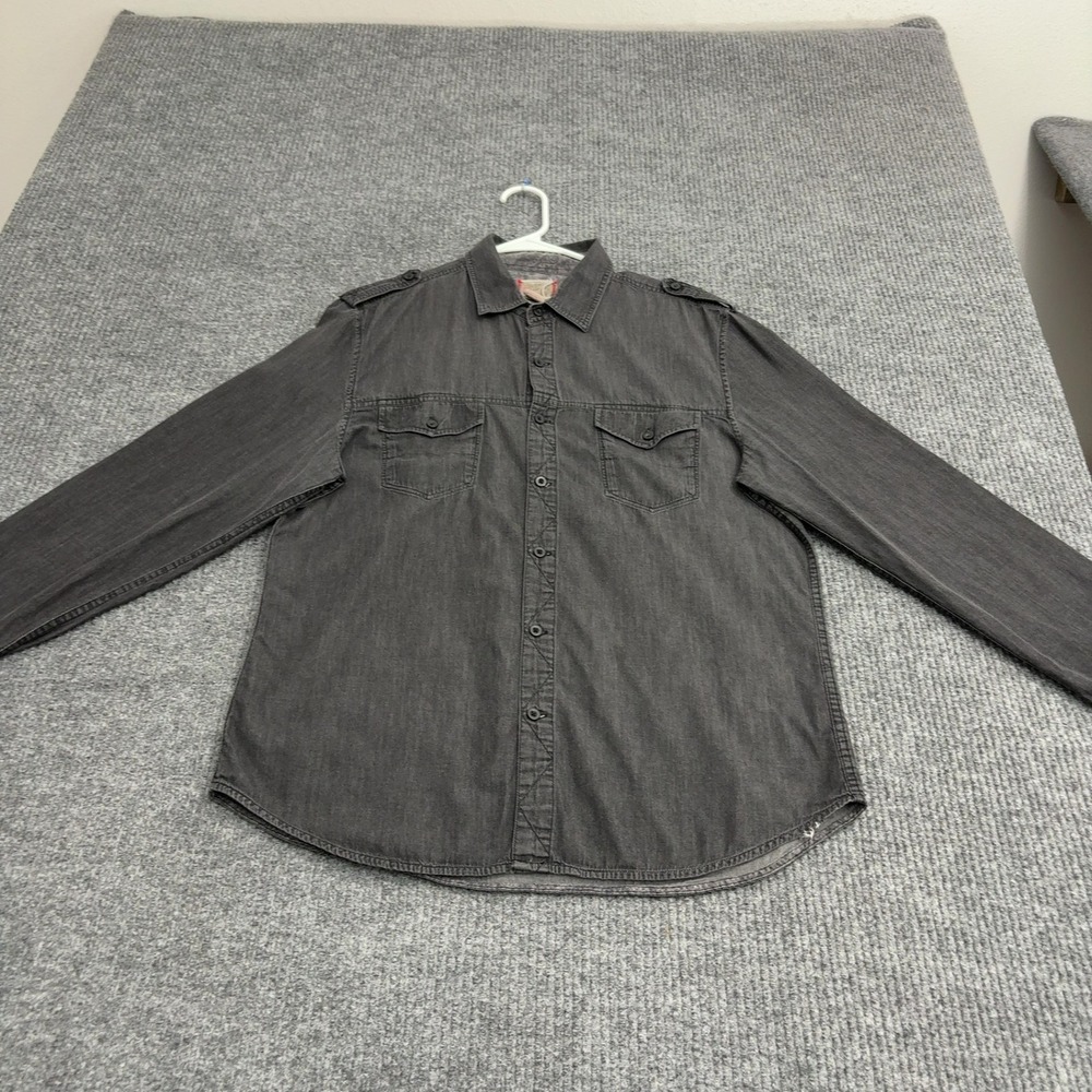 Vintage Red Shirt Mens L Grey Cotton Denim Epaulettes Utility Casual Grunge Work
